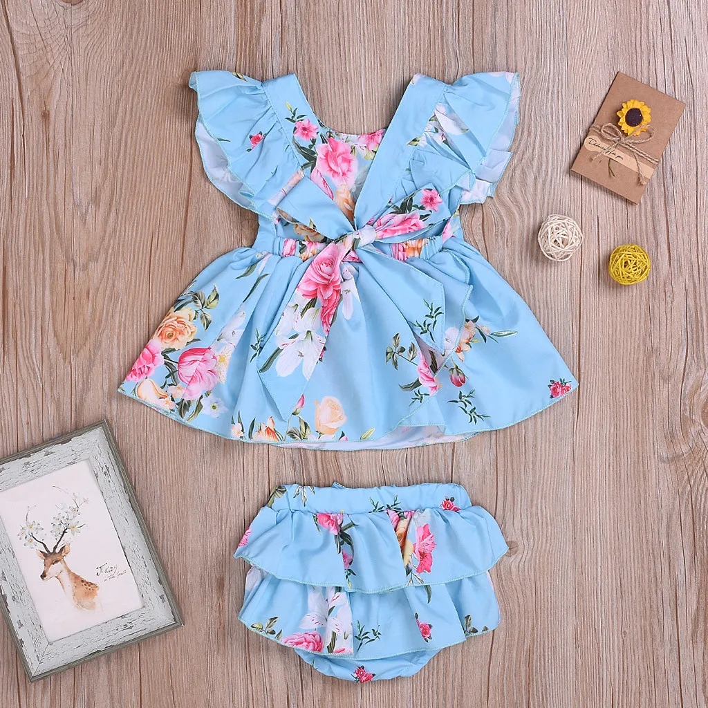 Летняя одежда для маленьких девочек комплект малышей с цветочным принтом топы