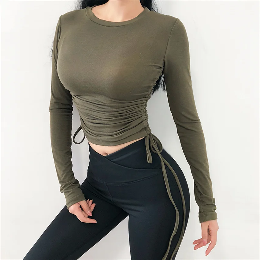 army green Спортивный топ на шнурке для женщин, для спортзала, тощий, быстросохнущий, спортивная одежда для фитнеса, спортивные футболки с длинными рукавами, армейский зеленый, рубашки для йоги - Цвет: army green