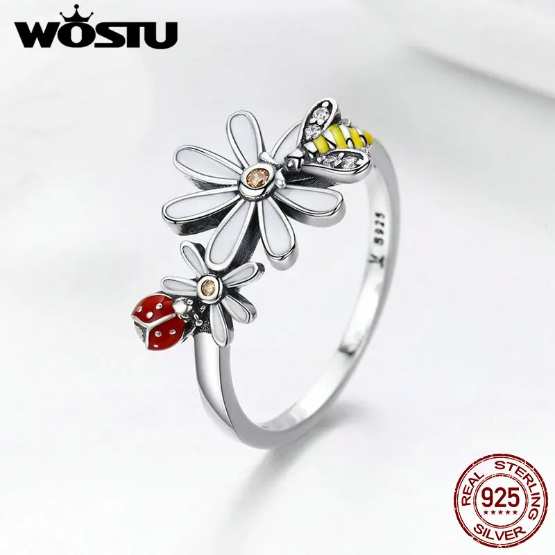 WOSTU, подлинные, 925 пробы, серебряные, Божья коровка и пчела, в виде ромашки, кольца на палец для женщин, модный бренд, Природный Стиль, ювелирное изделие, подарок CQR311
