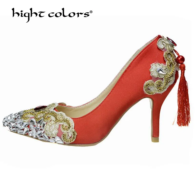 

6cm/8cm/11cm/14cm Women Fashion Sweet Red White Pumps Flower Lace Platform High Heels Pearls Wedding Shoes Bride Dress Shoes