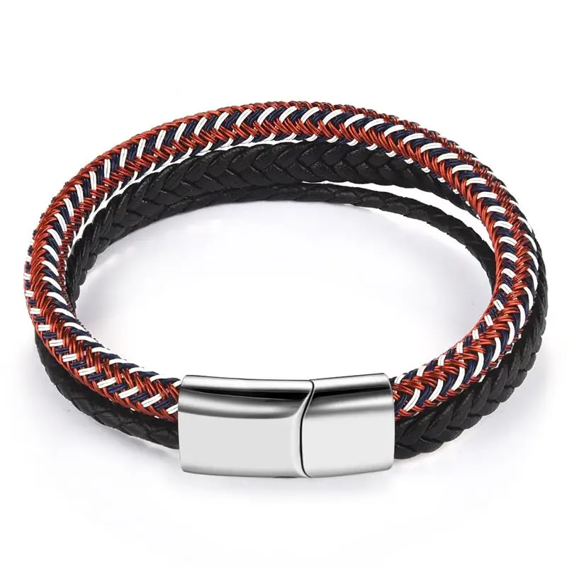 Men Bracelet Jiayiqi, черный кожаный браслет, нержавеющая сталь, магнитная застежка, смешанный цвет, плетеный шнур, браслет для мужчин и женщин, ювелирное изделие, рождественский подарок - Окраска металла: Men Bracelet