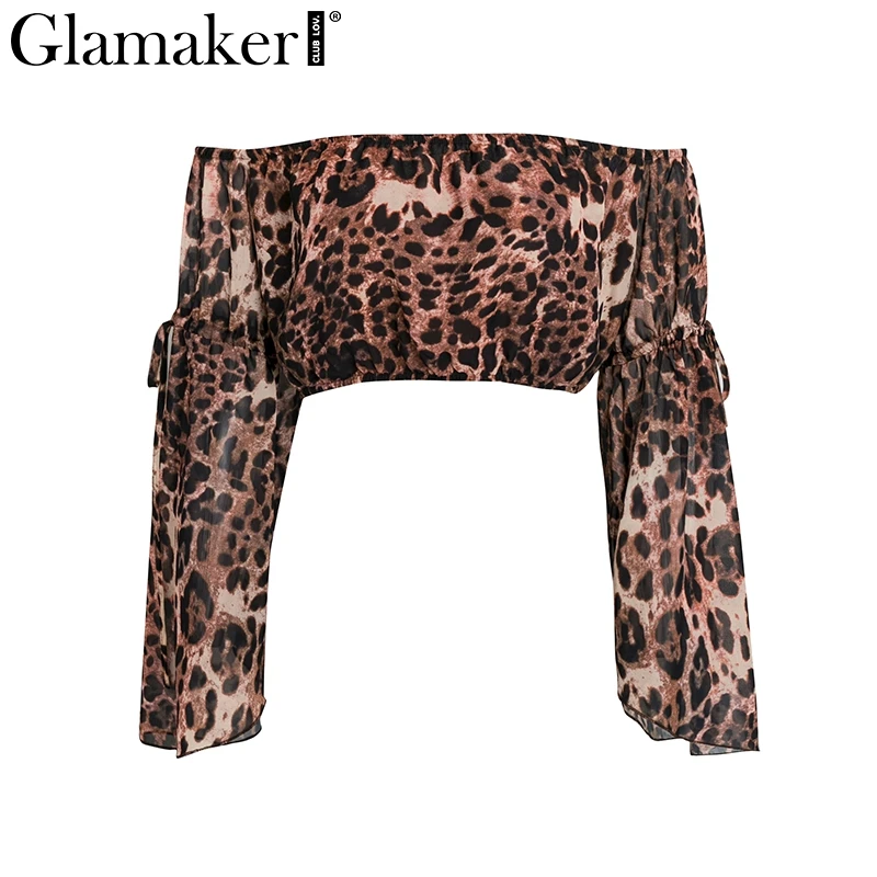 Glamaker, с открытыми плечами, леопардовая Сексуальная Блузка, рубашка, эластичная, с расклешенными рукавами, шифоновая блузка, женская летняя укороченная блузка, вечерняя одежда - Цвет: leopard