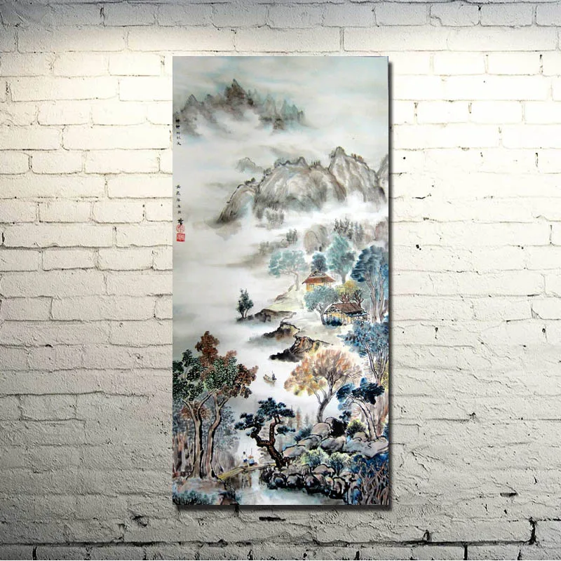 POPIGIST Chinese Water Ink Brush Paint Style Art Silk Cloth Poster 13 x27 Inch Pictures For Living Room Wall Decor 008|picture for living room|cloth