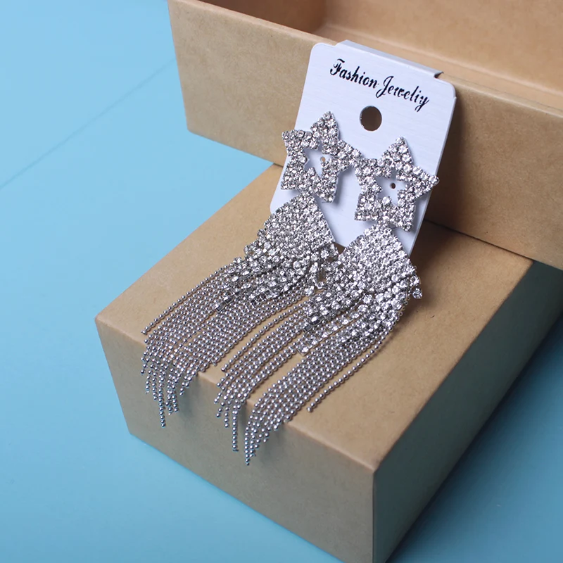 Женские коктейльные серьги Ajojewel длинные кисточки 10 см стразы со звездами