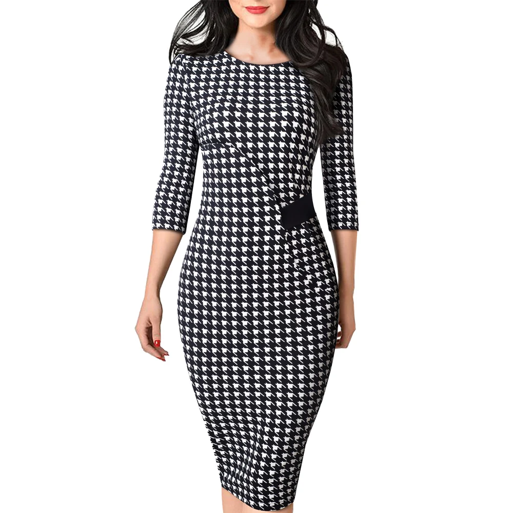Women Elegant Houndstooth office lady Dress Casual Fitted sheath bodycon Pencil Dress EB543