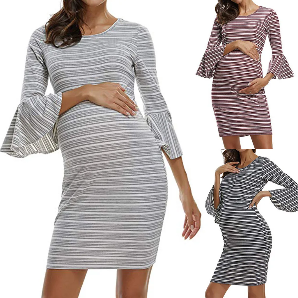 Мода для беременных Для женщин полосатые рукава женское платье прямое