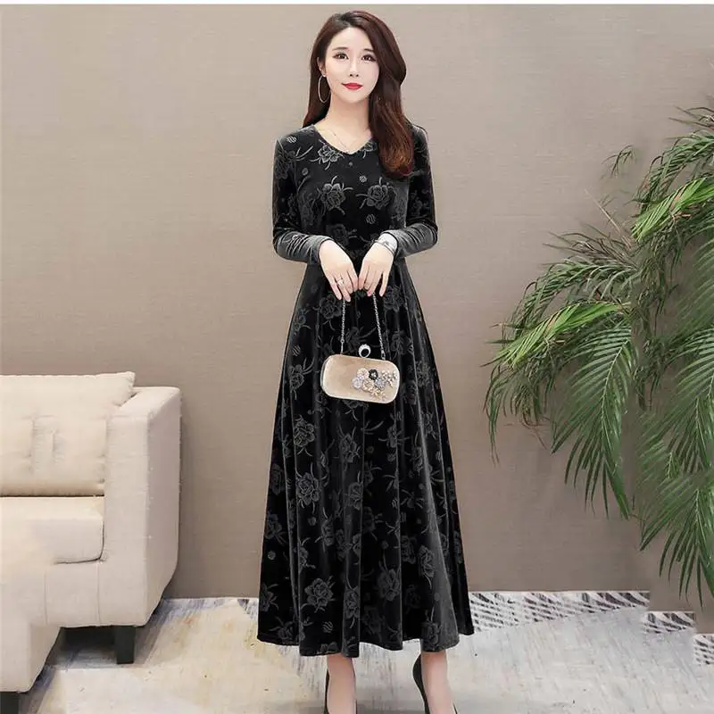 Женское бархатное платье макси с V образным вырезом и длинным рукавом|Женские