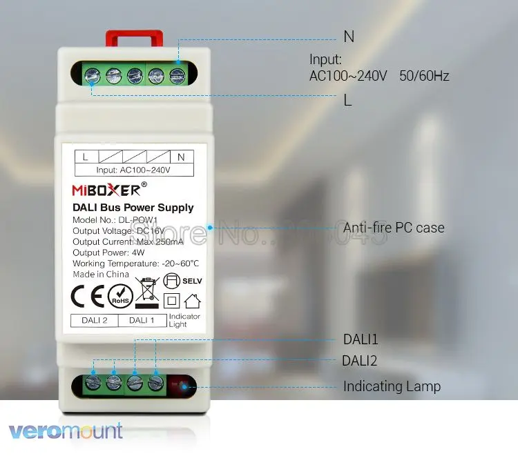 Блок питания Miboxer DIN Rail DALI шина DL POW1 DC16V 4W Max250mA AC 110V 220V RGB CCT Светодиодная лента