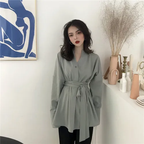 2019 Retro Lazy Style Camisa Feminina Pure Color Tie Slim Waist V Neck Lace Up Top Medium Length Long Sleeves Shirt Loose |