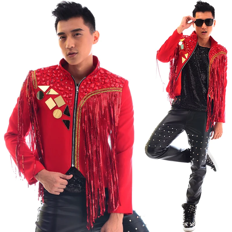 

Red Cotton Tassel Sequins Jacket Dj Ds Bar Nightclub Male Singer Show Costume Slim Popular Dance Performance Wear