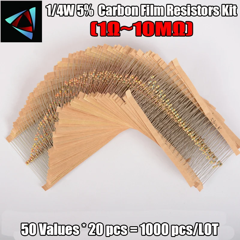 50 значений 1000pcs1/4 Вт резисторы из углеродистой пленки 1 Ом-10 м ом Ассортимент Комплект сопротивления 0,25 Вт Резистор
