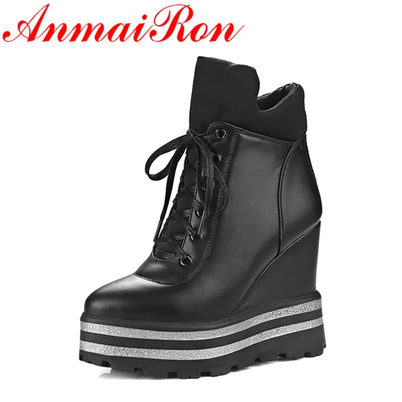 

Женские ботильоны на платформе ANMAIRON, теплые зимние полусапожки на танкетке, с круглым носком, плюшевая обувь на шнуровке