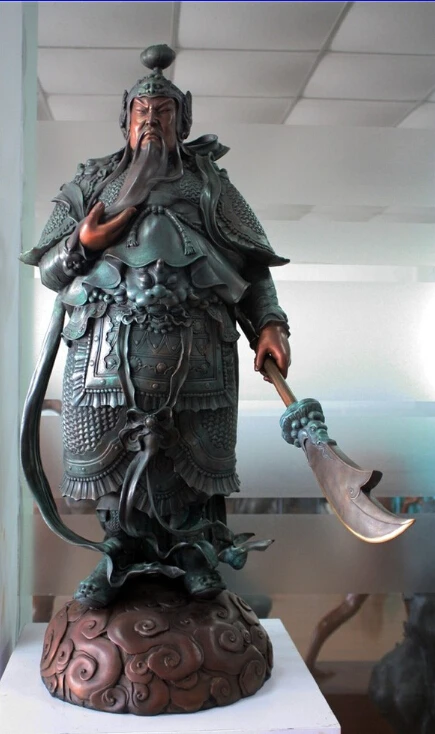 35 Китай Бронза Медь Скульптура Гуань Гун Юй Воин Дракон Будда Меч Статуя (0319