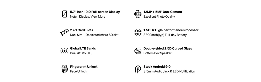 Смартфон UMIDIGI A3 Pro Android 9,0 с полным экраном 5," 19:9 3 ГБ ОЗУ 32 Гб ПЗУ четырехъядерный 12 Мп+ 5 Мп разблокировка лица двойной 4G