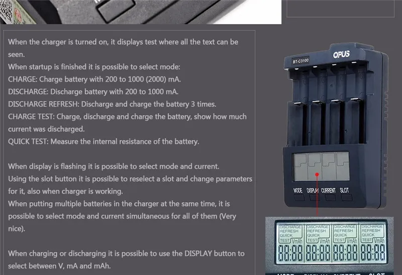 Оригинальное Opus BT-C3100 V2.2 умное цифровое интеллектуальное 4 ЖК-слота Универсальное зарядное устройство для аккумуляторной батареи EU/US вилка
