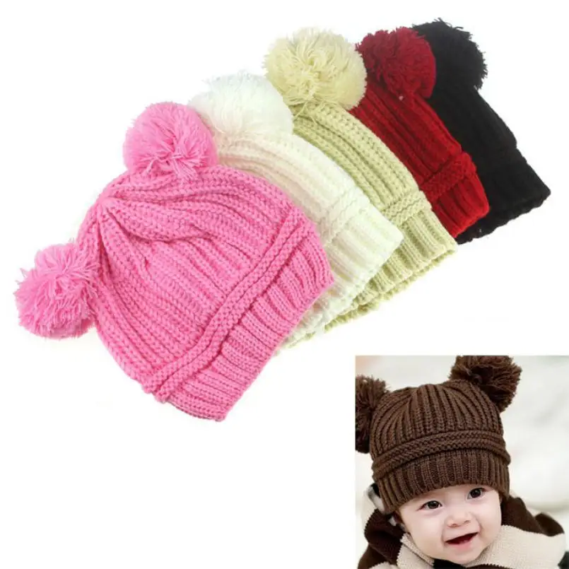 Cute Baby Girl cap Dual Balls Warm Winter Hats Knitted Boy Hat Beanie L1212 | Мать и ребенок