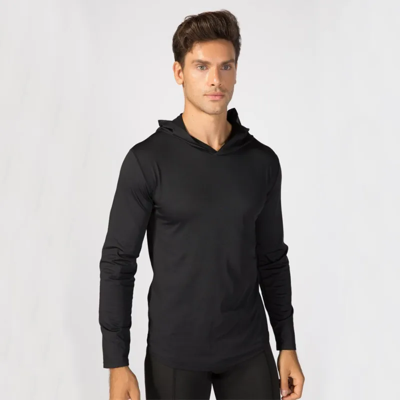 

man Gym Rashgard Wicking Breathable Men Summer Sports Pullover Hooded Solid Color Long Sleeve Loose Fitness Tops
