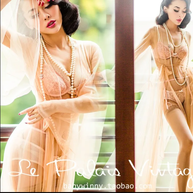 

Europe and America Summer Elegant Vintage Sexy Pink Perspective Mesh Meat Gauze Lengthen One-Piece Dress Loose Women Sleepwear