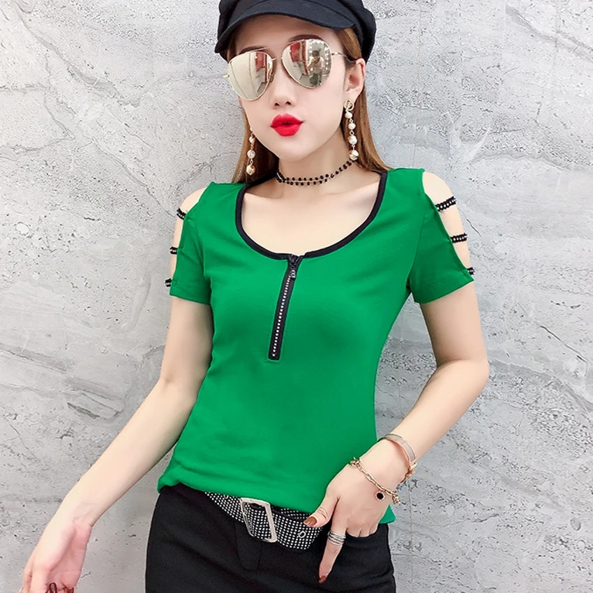 Сексуальная футболка в алмазах с открытыми плечами пуловер на молнии круглым