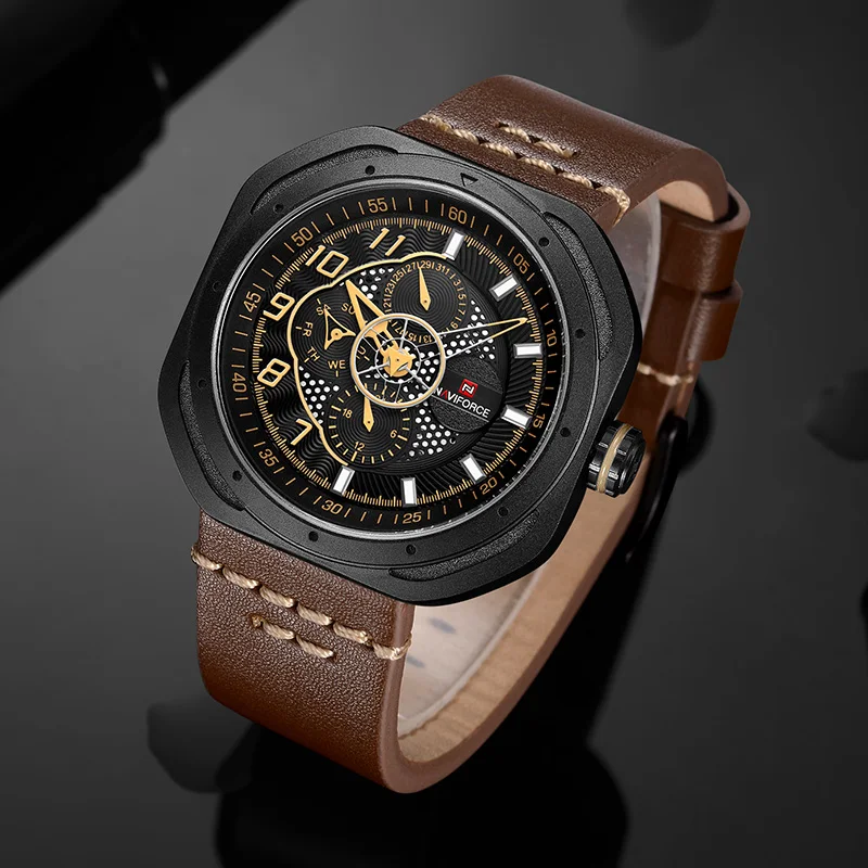 Часы NAVIFORCE мужские спортивные кварцевые водонепроницаемые с кожаным