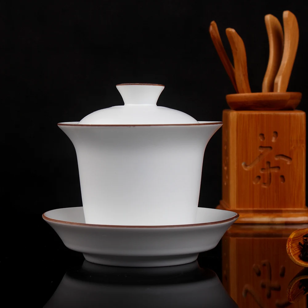 Jingdezhen Ding Kiln матовый белый коричневый обод белый керамический гайвань Gongfu заваривание чая чашка Gaiwan 160 мл керамический Tureen три чаши