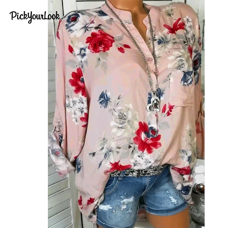 PickyourLook женские топы размера плюс Цветочная блузка рубашка с длинным рукавом