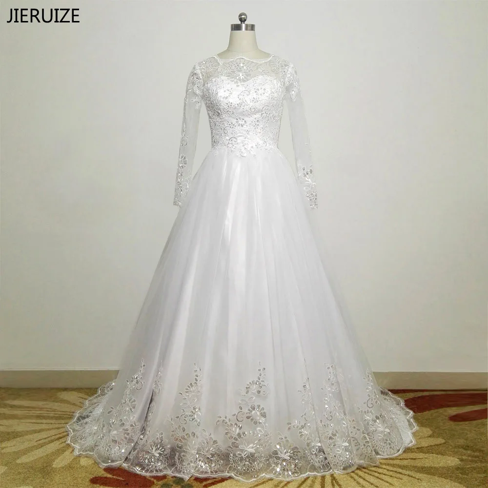 

JIERUIZE White Beaded Lace Appliques Long Sleeves Wedding Dresses 2018 Cheap Wedding Gowns vestido de novia bruidsjurken