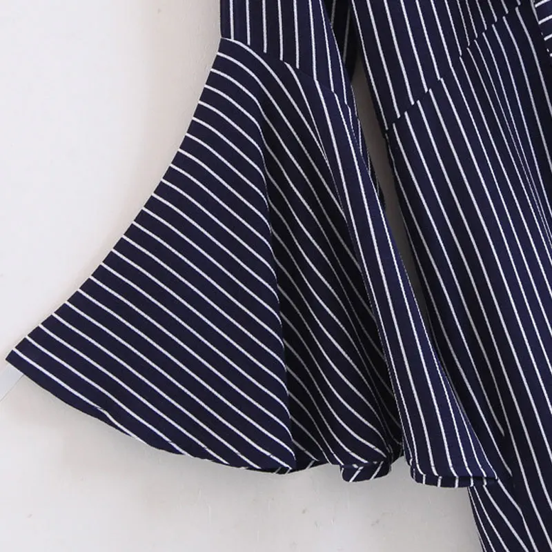 SCQP модные синие платье в полоску нерегулярные с длинным рукавом Глубокий V