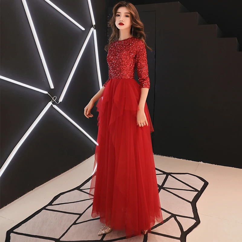 Robe De Soiree Evening Dress 2019 Shiny Sequined O-neck Tiered Pleat Wine Red Dinner Gowns LF414 | Свадьбы и торжества