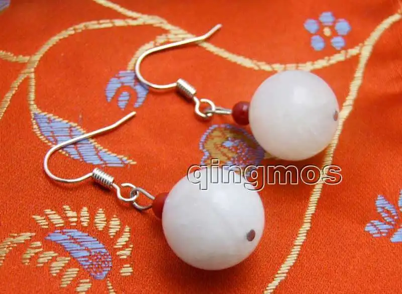 

Big 14mm Natural White Round High Quality Moonstone and 3-4mm Red Coral earring-ear691 wholesale/retail Free shipping