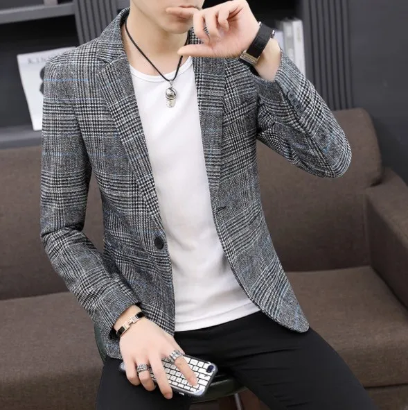 

Korean Style Casual Plaid Blazer Men Plus Size Mens Long Sleeve Blazers Jacket Homm Spring Autumn Men Striped Blazer Hombre 2019