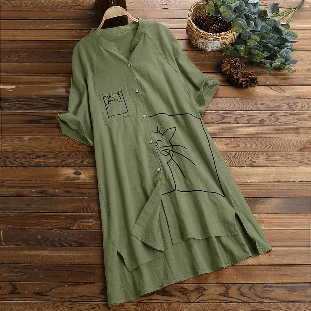 Блузка женская льняная свободного покроя винтажный топ с карманами и принтом