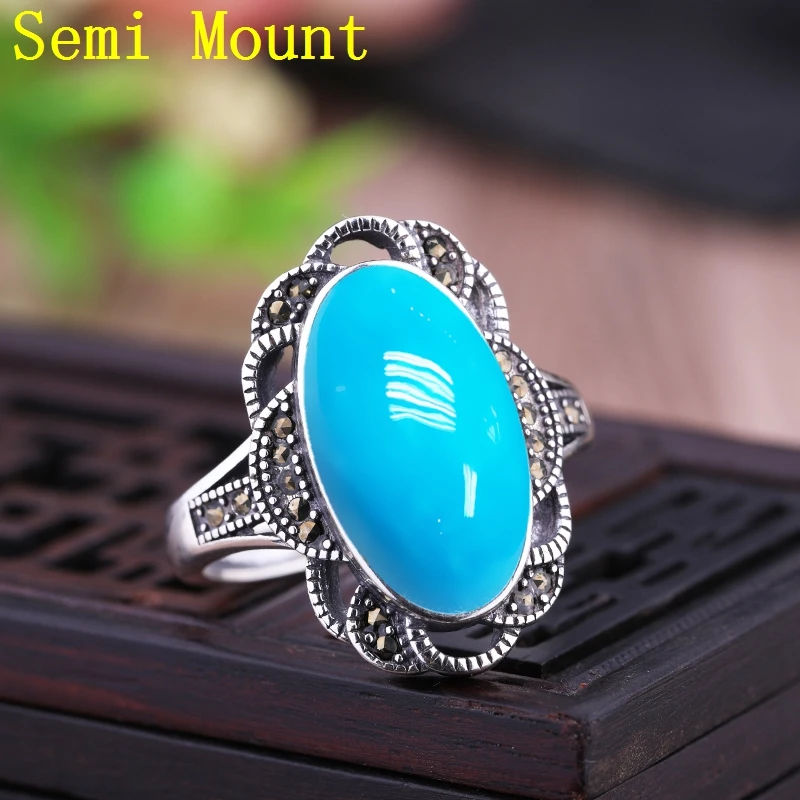 Art Deco Vintage 925 Sterling Silver Paty Ring 9.2x17.6mm Oval Cabochon Semi Mount Engagement Wedding for Amber Turquoise | Украшения и