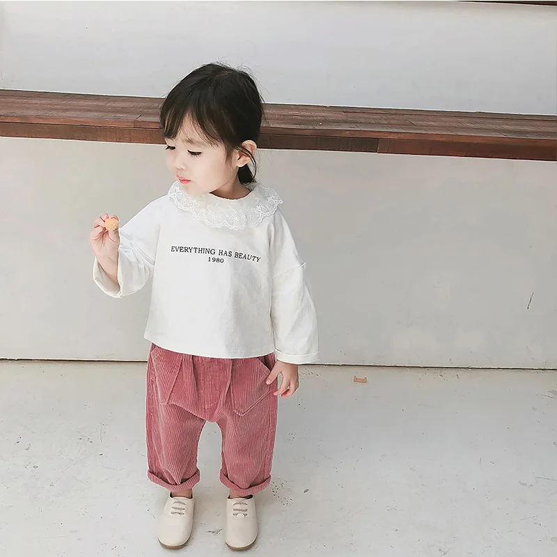 Новинка осени 2018 хлопковая Футболка с буквенным принтом и кружевным воротником