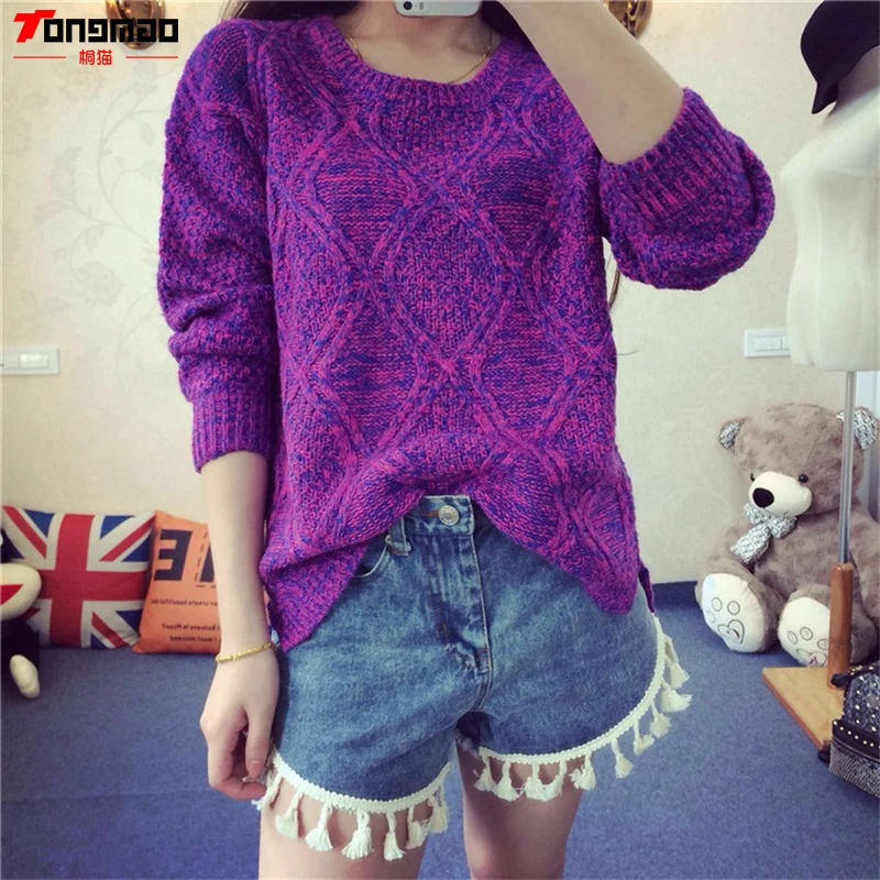 2016 Autumn and Winter Sweater Solid Color Casual Argyle O-Neck Long Sleeve Pullover Loose Elastic Fashion Knitted Sweaters | Женская