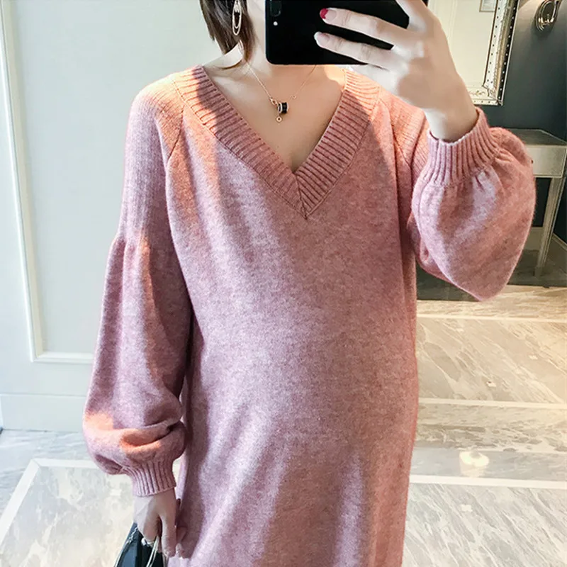 Трикотажное платье-Русалка для беременных с длинным рукавом и V-образным вырезом