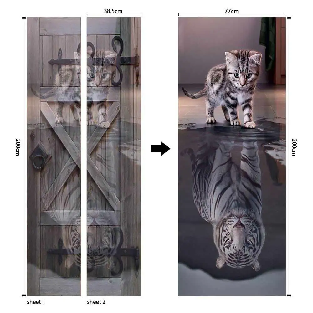 3D наклейка на дверь с милым котом, отражающим тигром, плакат, Настенная Наклейка на дверь, художественная дверь в спальню, водонепроницаемая ПВХ наклейка, сделай сам, домашний декор