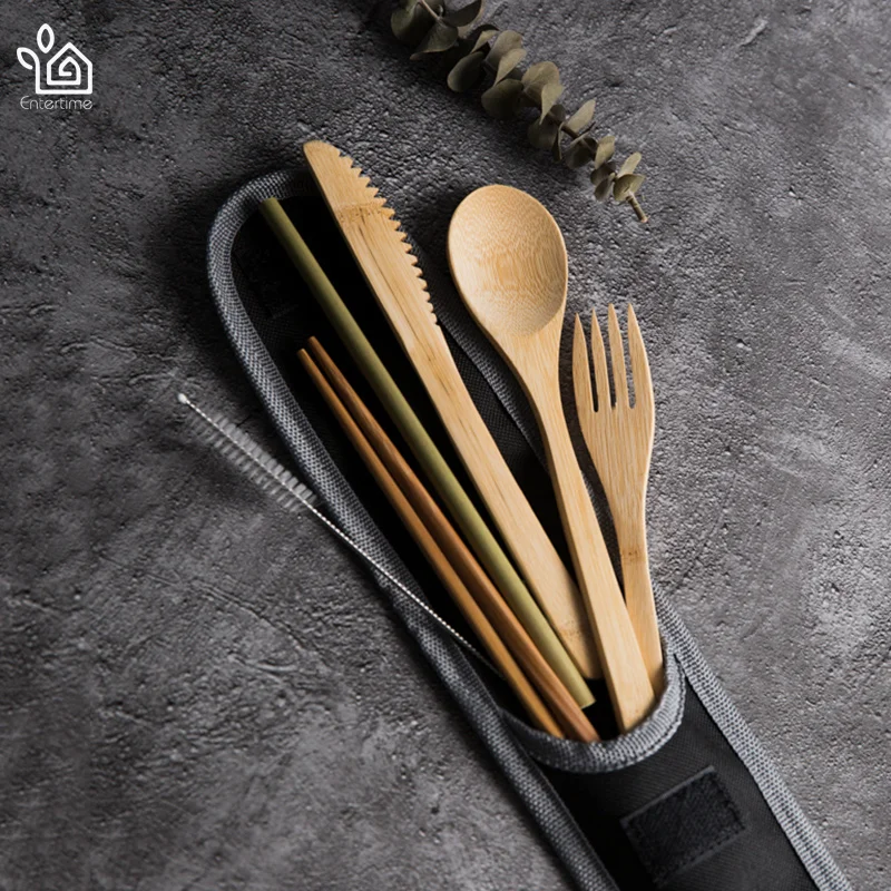 Entertime Экологичные 7 частей набор столовых приборов Bamboo дорожные столовые приборы