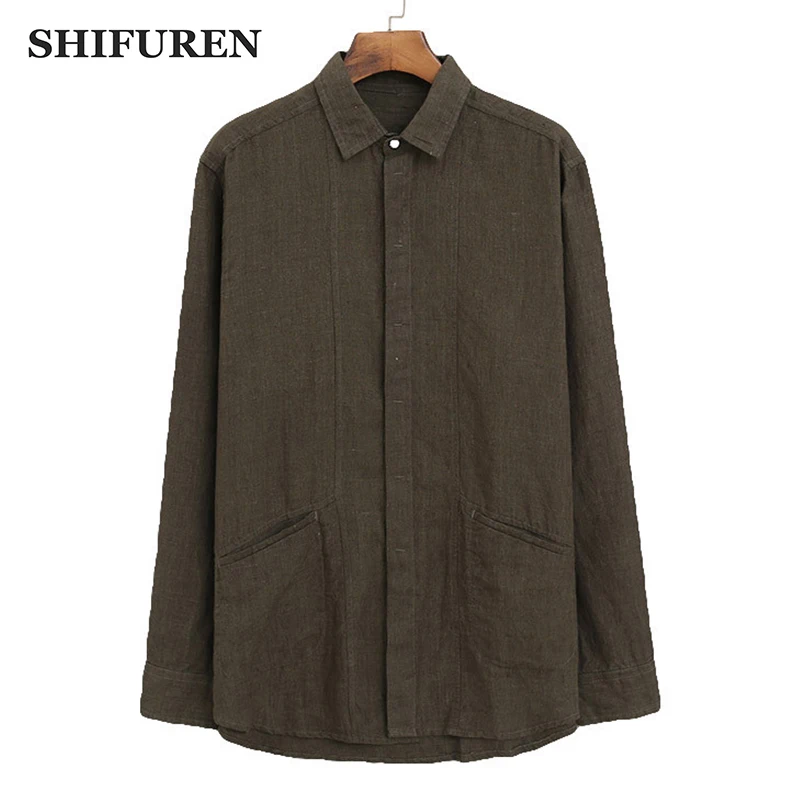 Мужская льняная рубашка SHIFUREN свободная Мягкая дышащая с длинным рукавом и