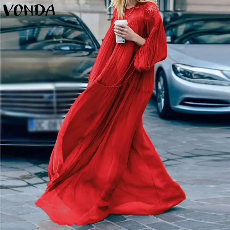 VONDA, богемное кружевное платье большого размера,, женские сексуальные вечерние платья макси с рукавом-фонариком, повседневное свободное платье, праздничный Сарафан