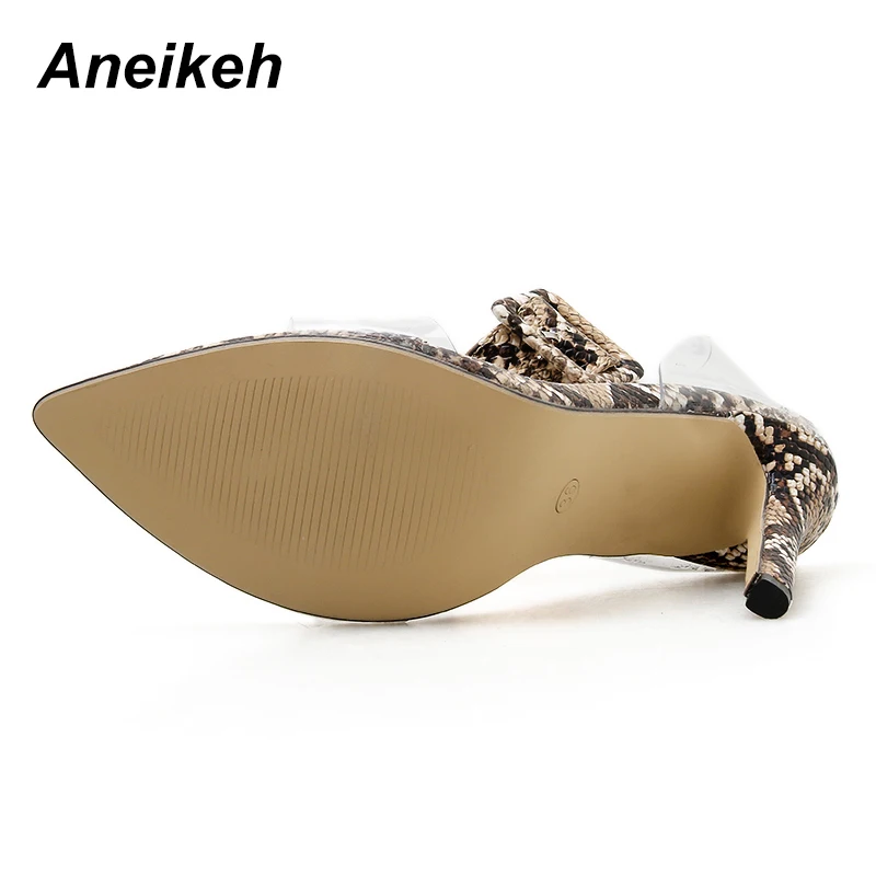 Aneikeh/ г. летние прозрачные босоножки с пряжкой и ремешком из ПВХ пикантные сандалии с острым носком на высоком каблуке с змеиным узором вечерние туфли-лодочки 11 см