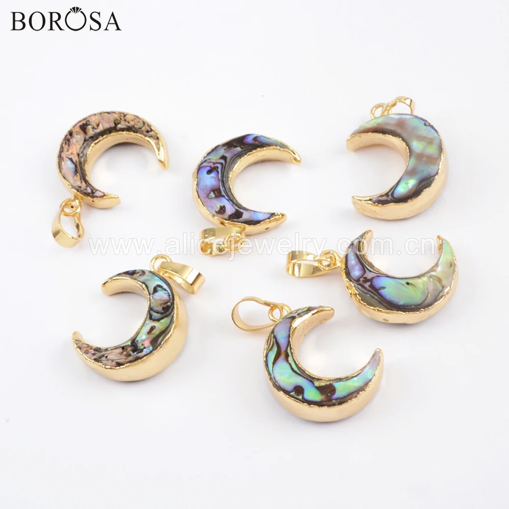 

BOROSA 10PCS Gold Color Crescent Natural Abalone Shell Pendant Connector Double Charms for Necklace Jewelry G1767 G1768 G1769