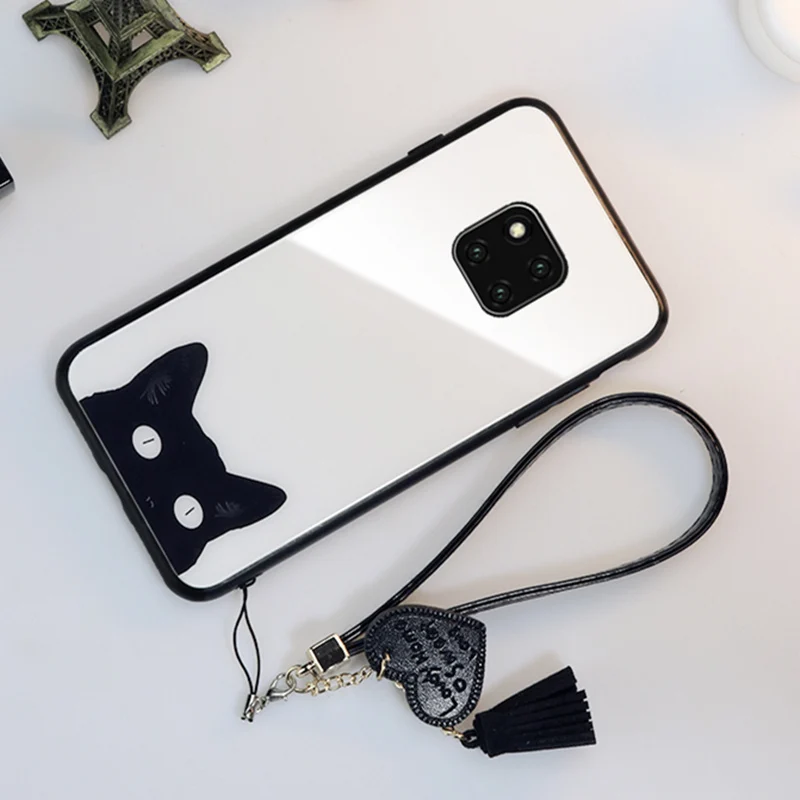 BONVAN чехол из закаленного стекла для huawei mate 20 Pro mate 20 милый чехол с котом для huawei mate 20 lite с кисточкой-сердцем ремешок чехол для телефона s - Цвет: 02