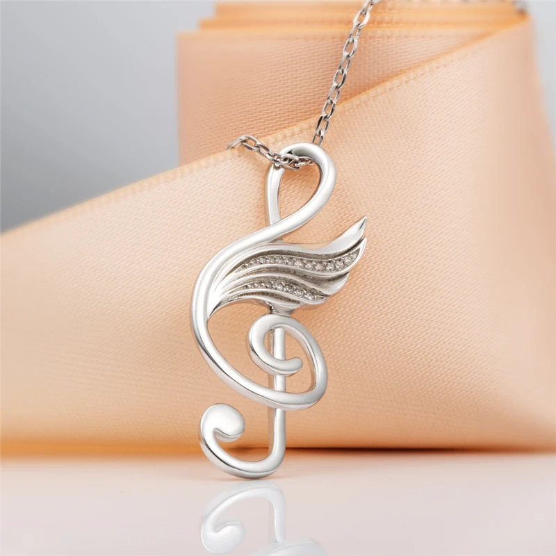 SG 2018 925 Sterling Silver Chain Necklace silver colour CZ Feather music notation Necklaces &amp Pendants For jewelry making | Украшения и