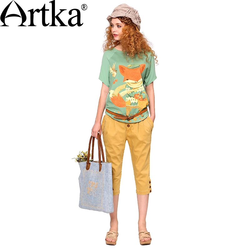 ARTKA/Летняя Новинка хлопковая Футболка с круглым вырезом и принтом лисы цвет