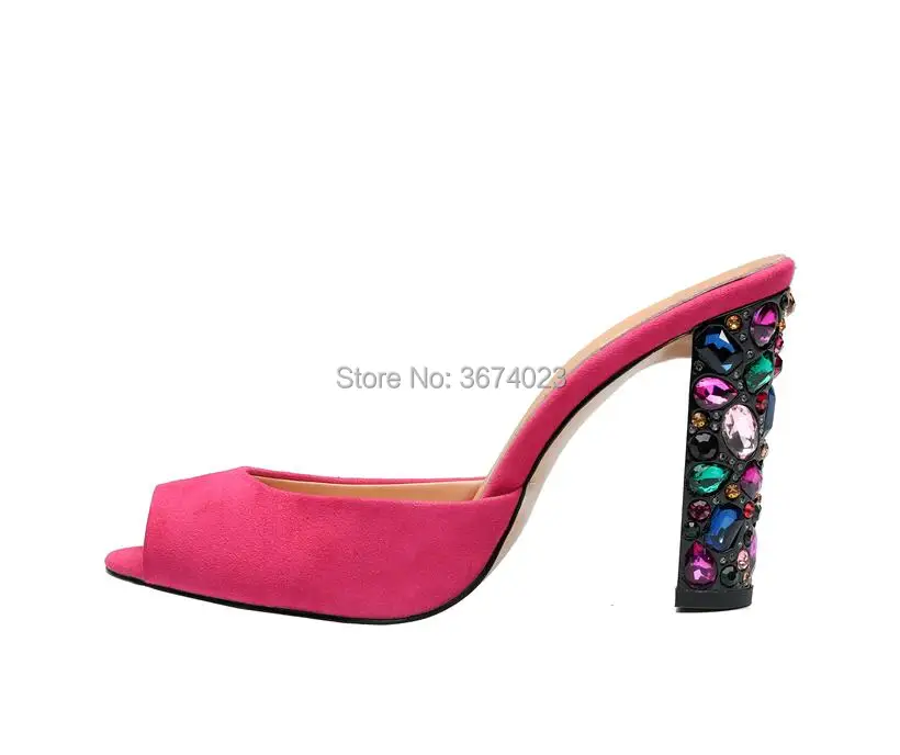 Qianruiti New Women Slingbacks Multi-color Gemstone insert Heeled Peep Toe High Heel Mules Jeweled Square Heels Sandals | Обувь