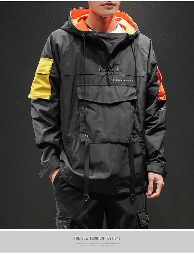 Hip Hop Spring Jackets Men Windbreaker Patchwork Autumn Loose Casual Hooded Jacket Male Coats Zipper Tracksuit Streetwear