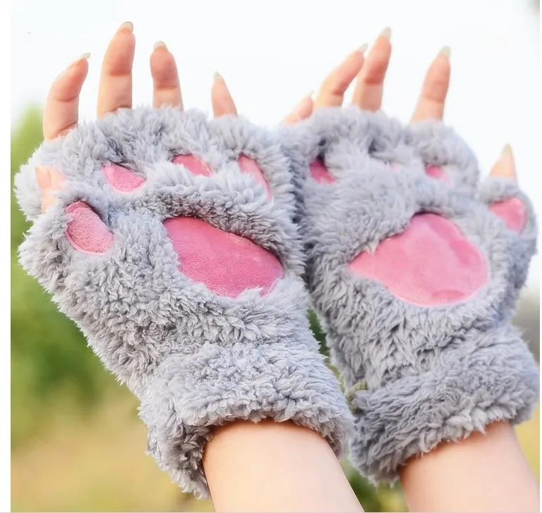 Cat Claw Gloves Winter Cute Cartoon Cat Girl Naked Gloves Thicker Fluffy Bear's Paw Half Finger Gloves