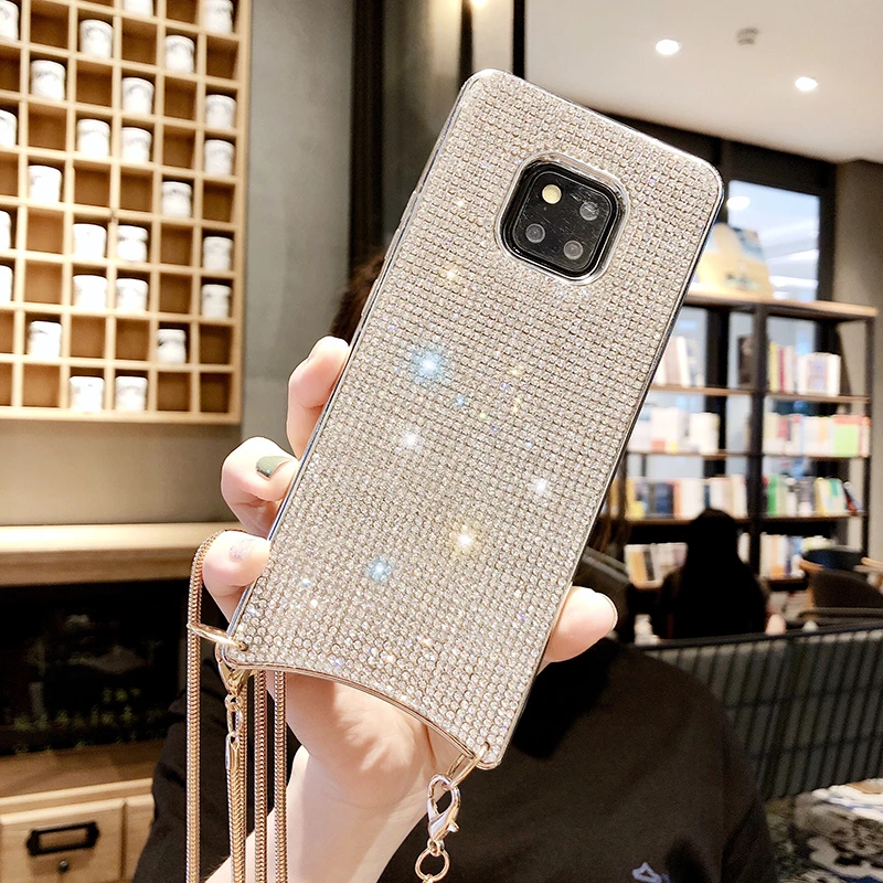 Блестящий чехол со стразами для Huawei Mate20 P30 Pro мягкий силиконовый из ТПУ с цепочкой