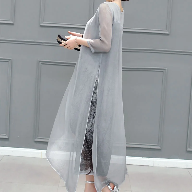 Women Summer vestidos Irregular Chiffon Dress Plus Size O Neck Long Sleeve Leaves Print Ladies Casual Artsy Retro Dress